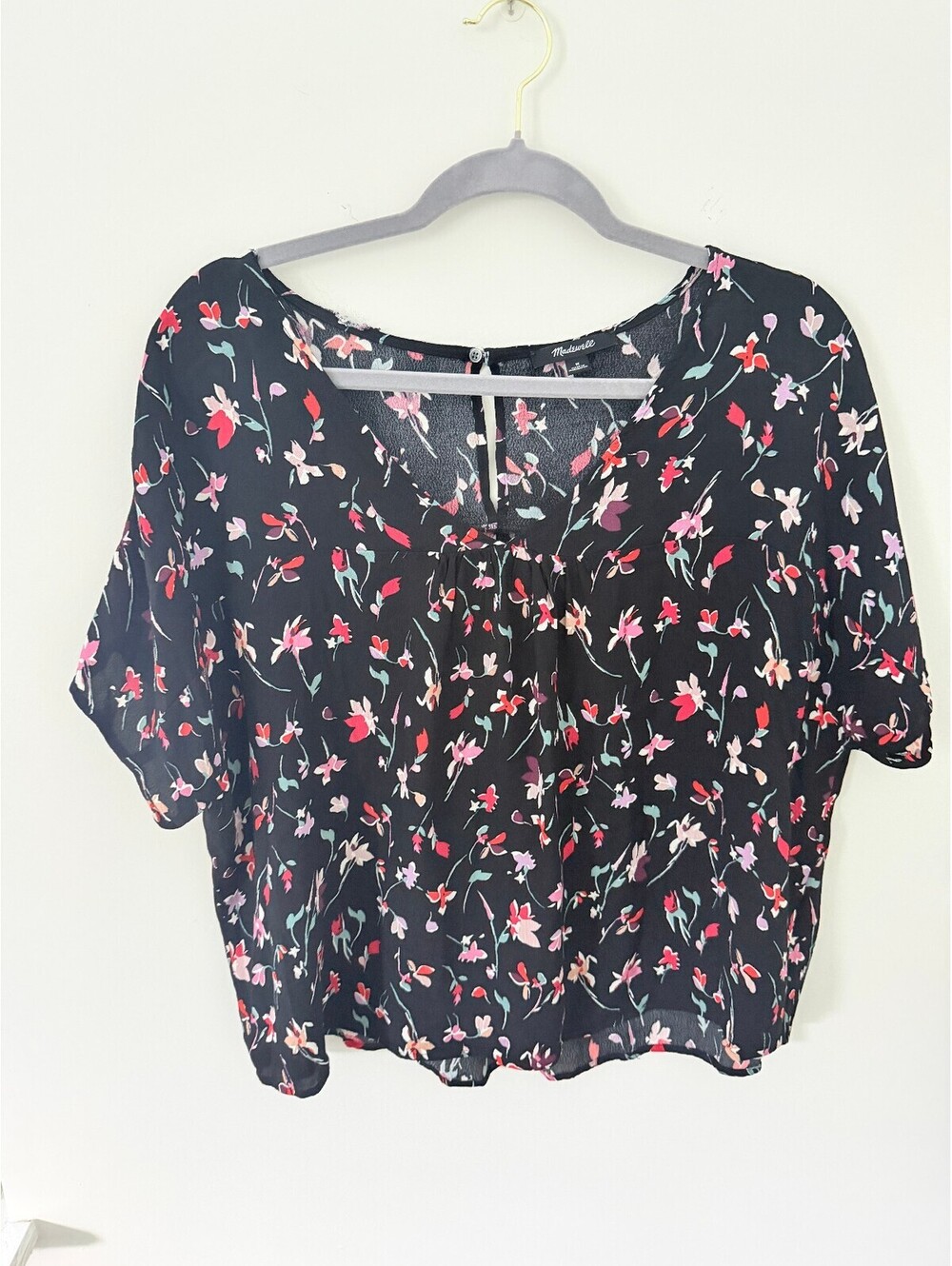 Madewell Women’s Medium Black Floral Short Sleeve Blouse Relaxed Top